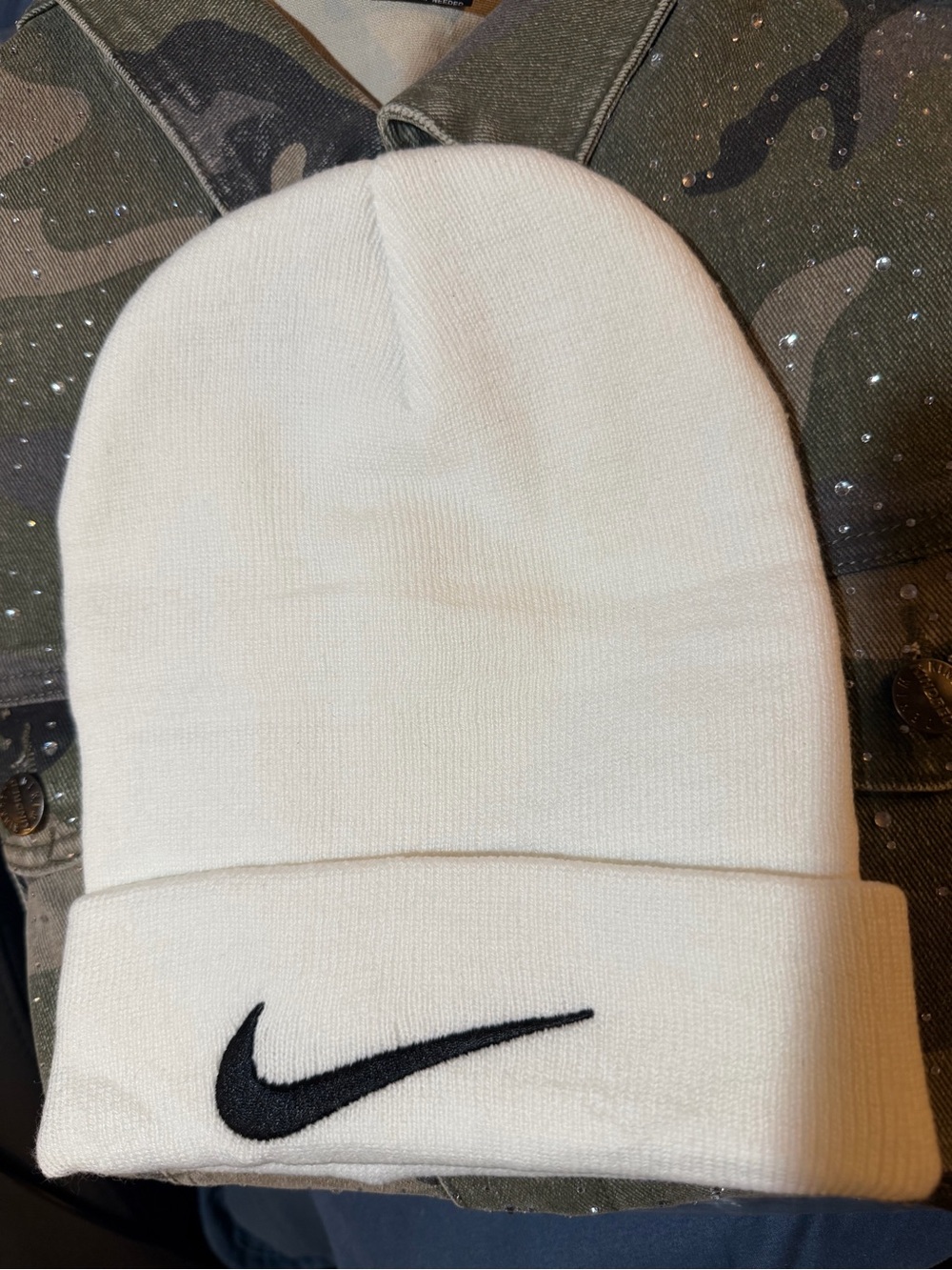 Nike/Stussy Collab. Men's White Cuffed Beanie with Black Swoosh and Stussy